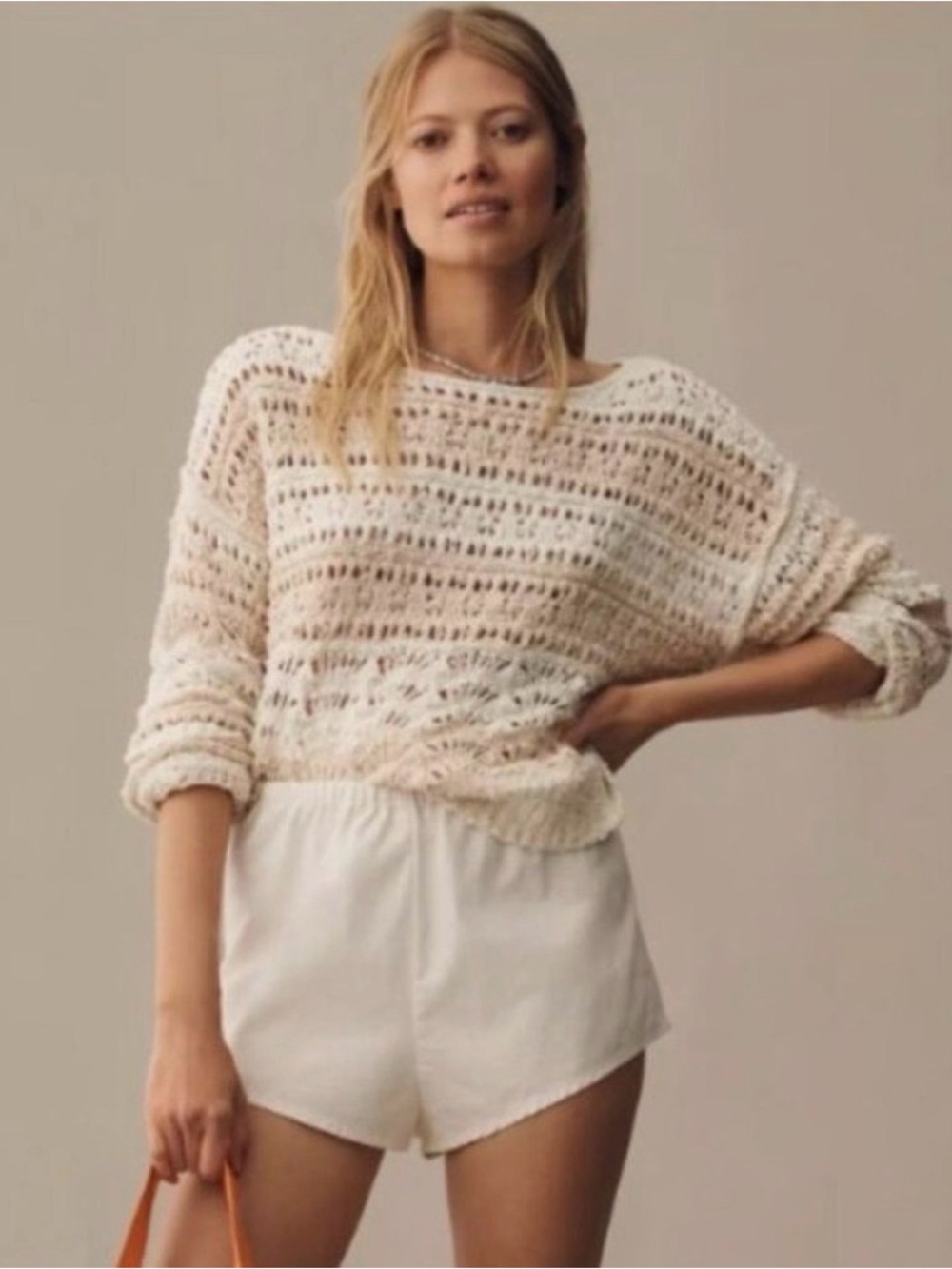 Pilcro Open-Knit Striped Scoop-Neck Sweater in Cream and Tan